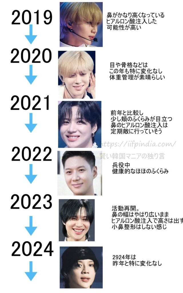 2019年から2024年までのテミンの鼻の変化